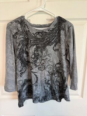 Nicole Miller Gray Scroll-Print Long Sleeve Tee with Rhinestones